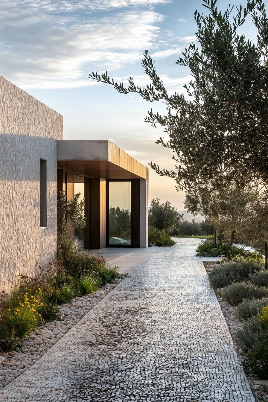 small modern mediterranean house with mosaic tile pathways and olive grove 2