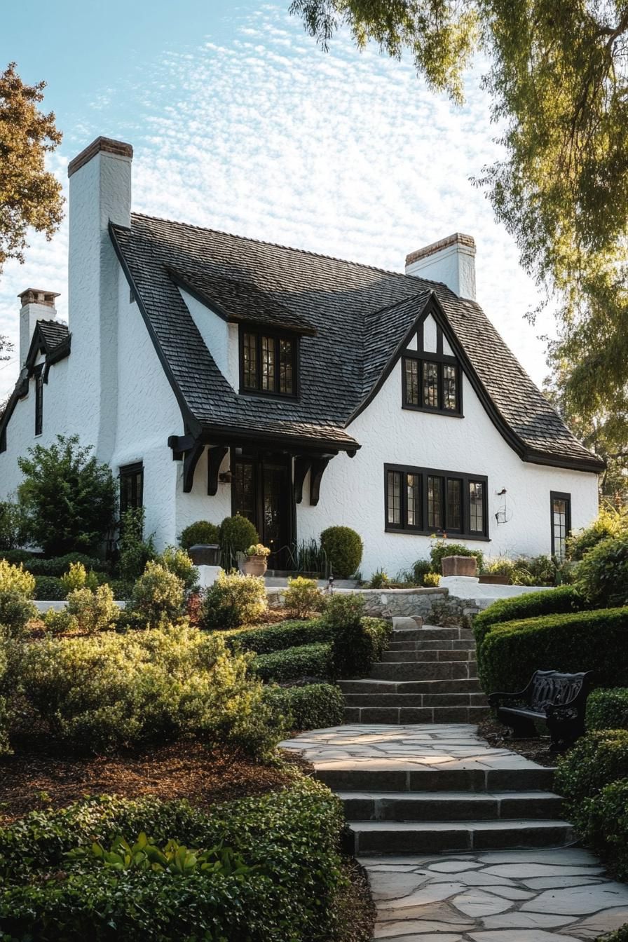 English cottage house white stucco facade dark roof dark wooden gambrel detailing on a small hill with steps leading to the front yard with shrubs and a garden bench 2