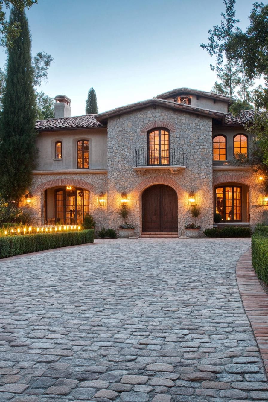 modern French mediterranean house cobblestone driveway