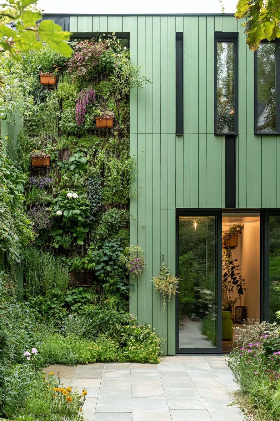 modern sage green cladded house courtyard with vertical herb garden