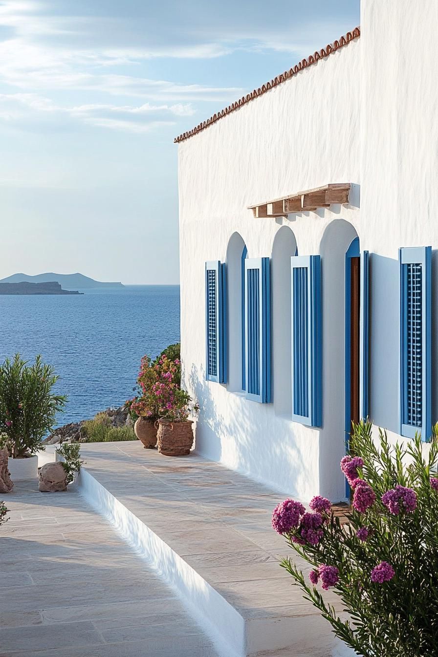 small modern mediterranean house Greek style blue shutters sea view 3