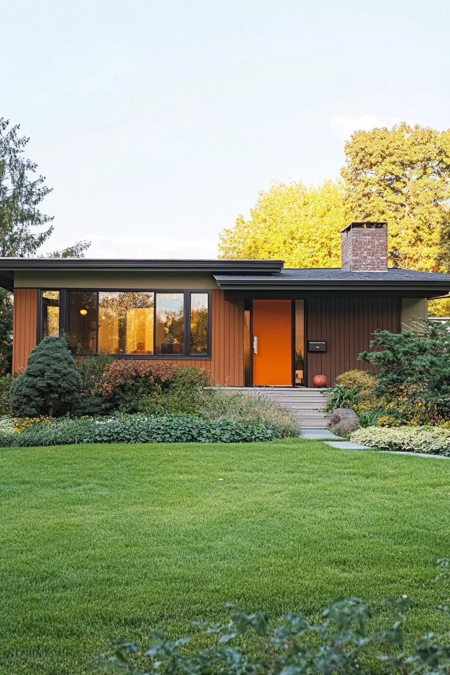 70s midcentury house facade in earth tone colors and bold accent hues large lawn front yard 3
