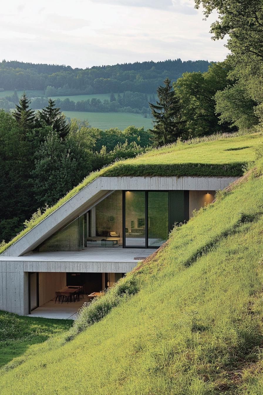 earth sheltered modern house large facade partially built into hillside with large windows overlooking a green valley with forest in the distance 2