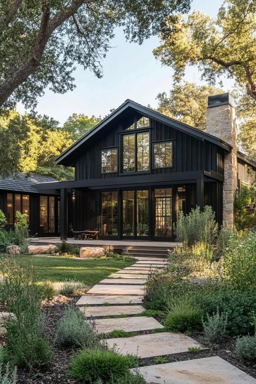 modern barndominium house facade of black stained wood with black trim beautiful farmhouse garden landscape 2