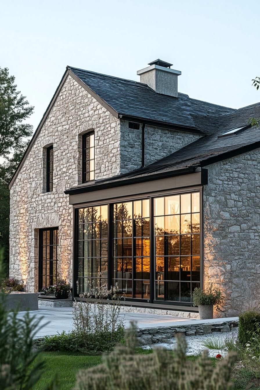 modern French country house stone facade facade with large windows