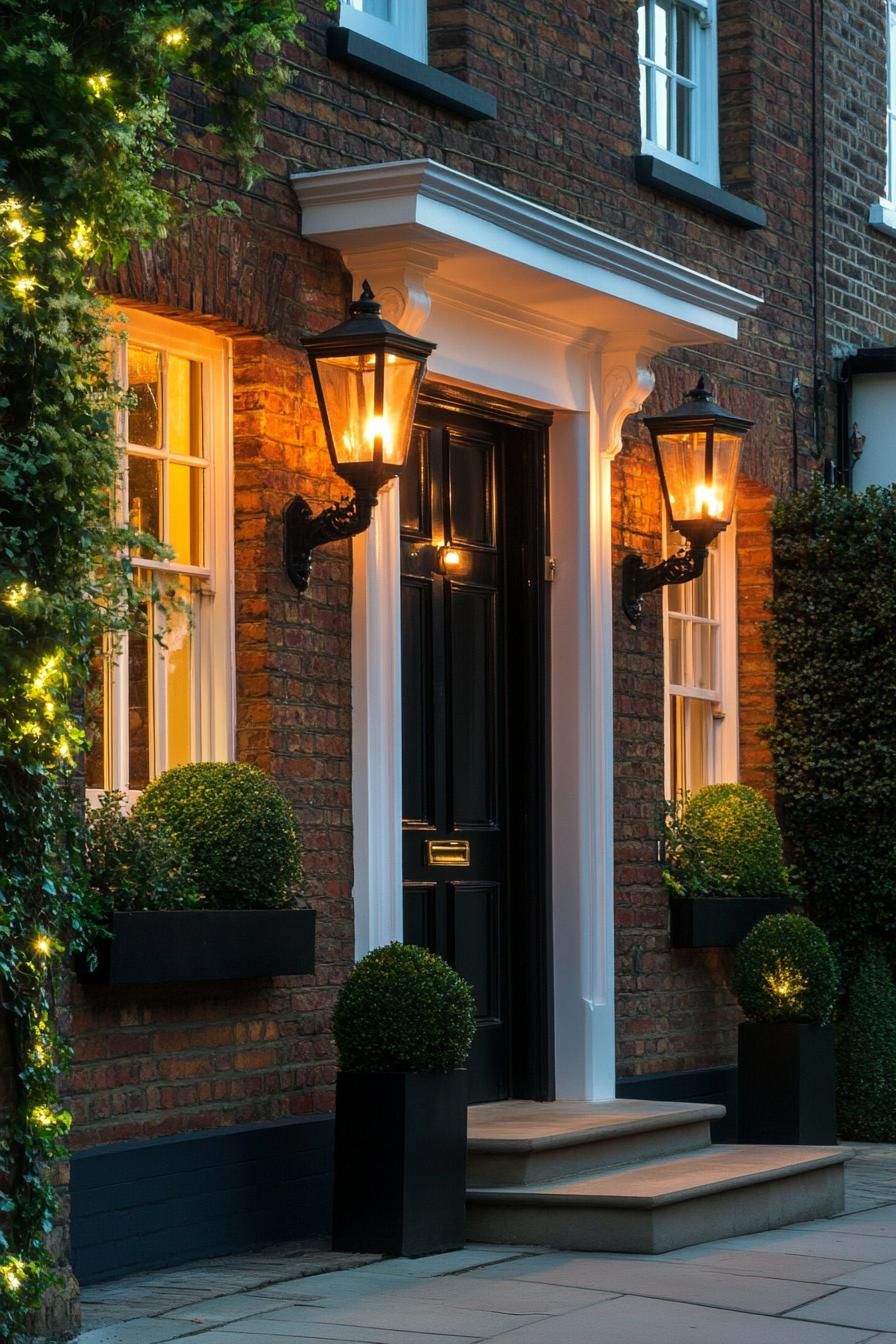 modern terrace house front facade with vintage lantern lighting in London 2