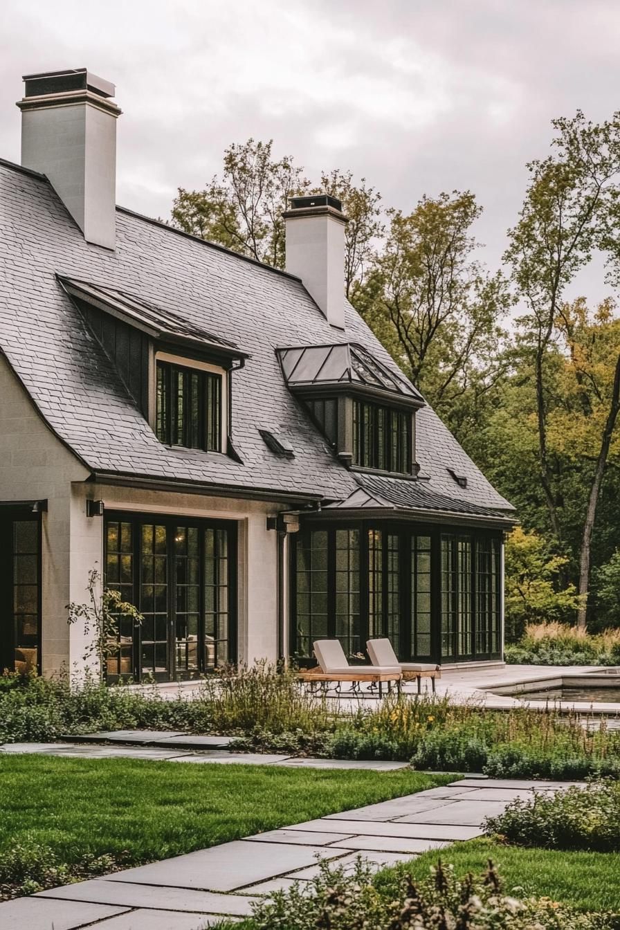 modern French country house with gabled roof and zin detailing French garden yard 3