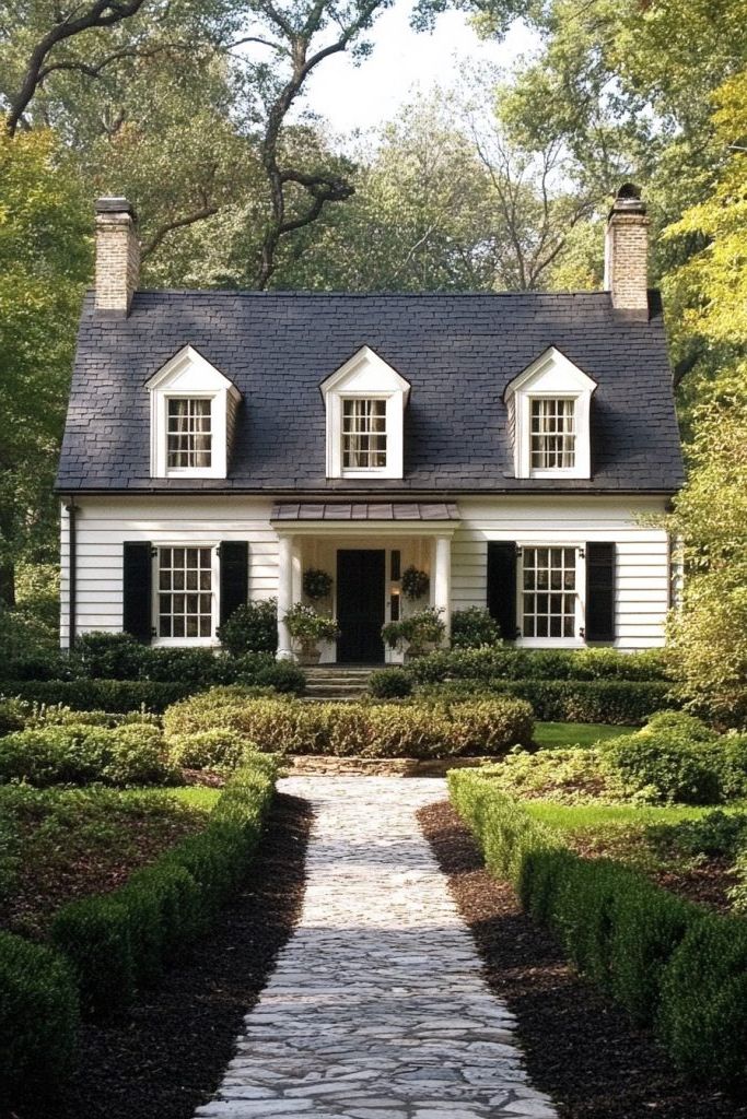 cottage house white slatted facade and black roof 4
