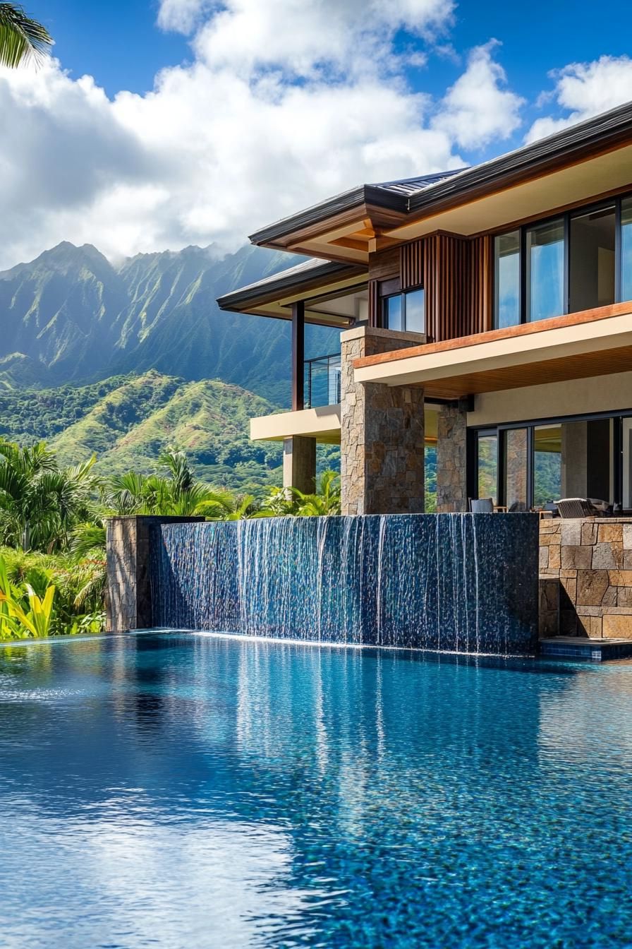 modern house with cascading pool with waterfall tropical mountain range in the background 3