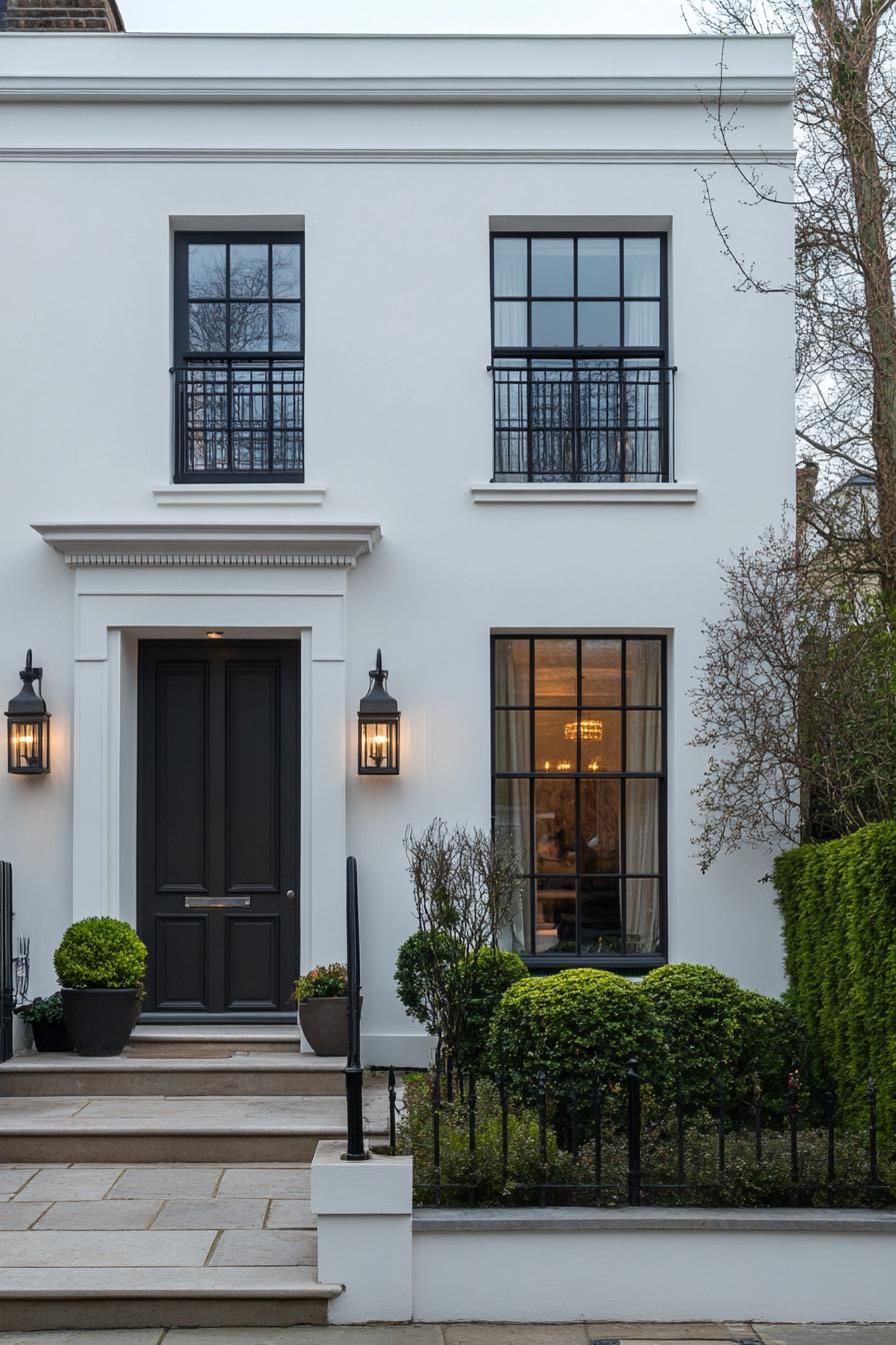 modern terrace house front facade with vintage lantern lighting in London