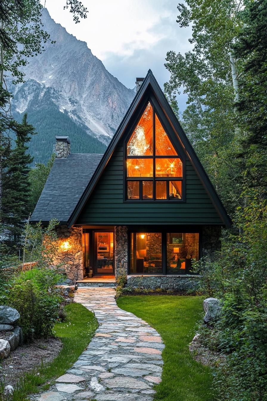 modern a frame mountain house facade in forest green color with full wall windows stone path leading to the entrance imposing mountain in the background 2
