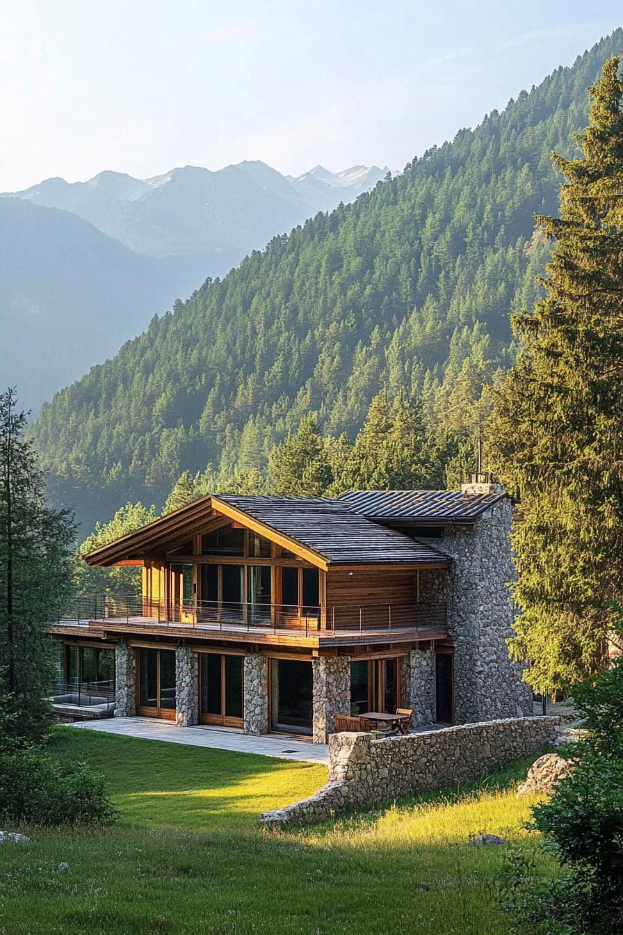 modern wooden chalet house in enchanting alpine mountain forest