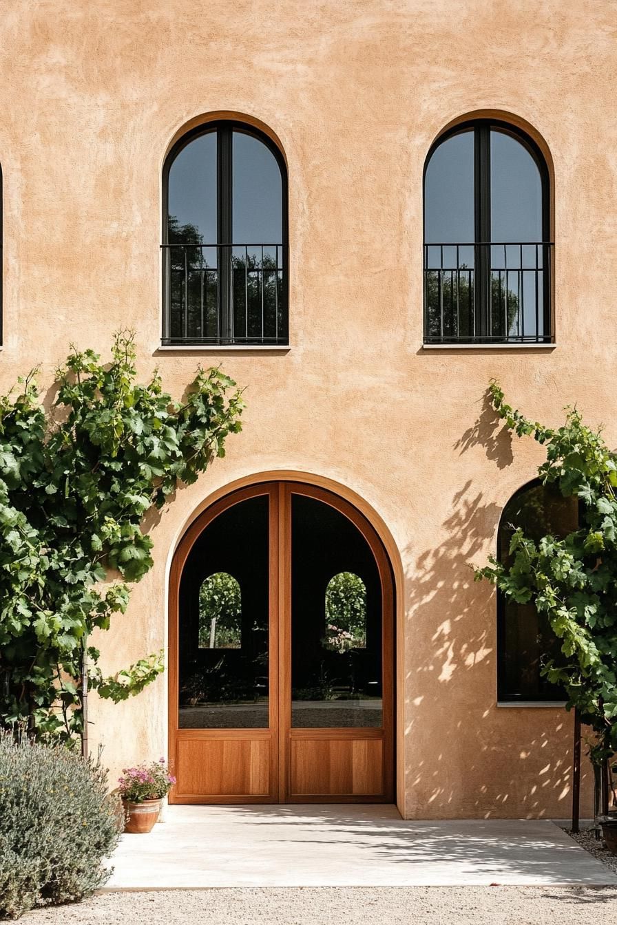 modern Italian mediterranean house facade with arched doors and windows Italina vineyard landscape