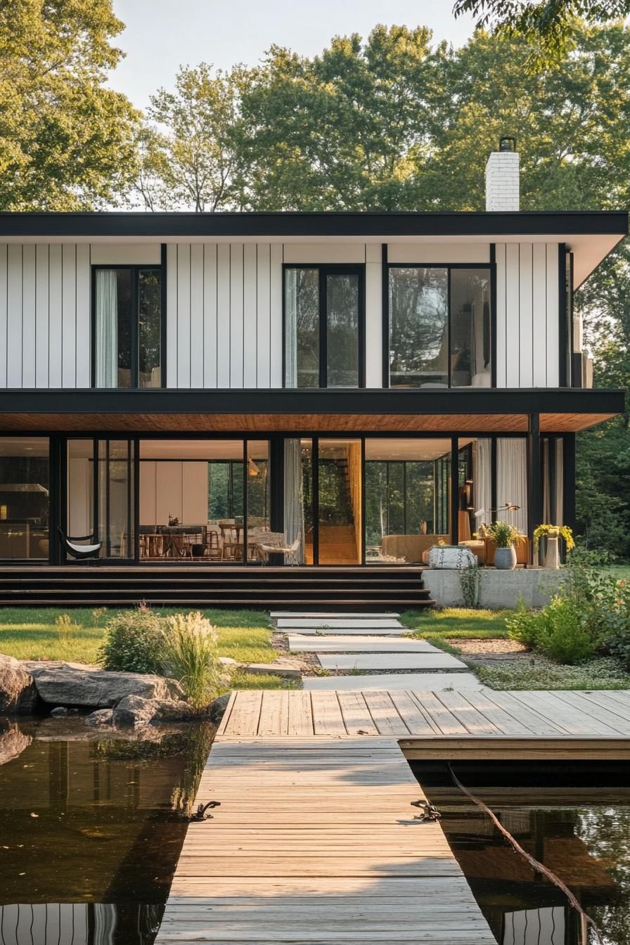 70s midcentury house facade with vertical and horizontal siding lakeside yard with dock 2