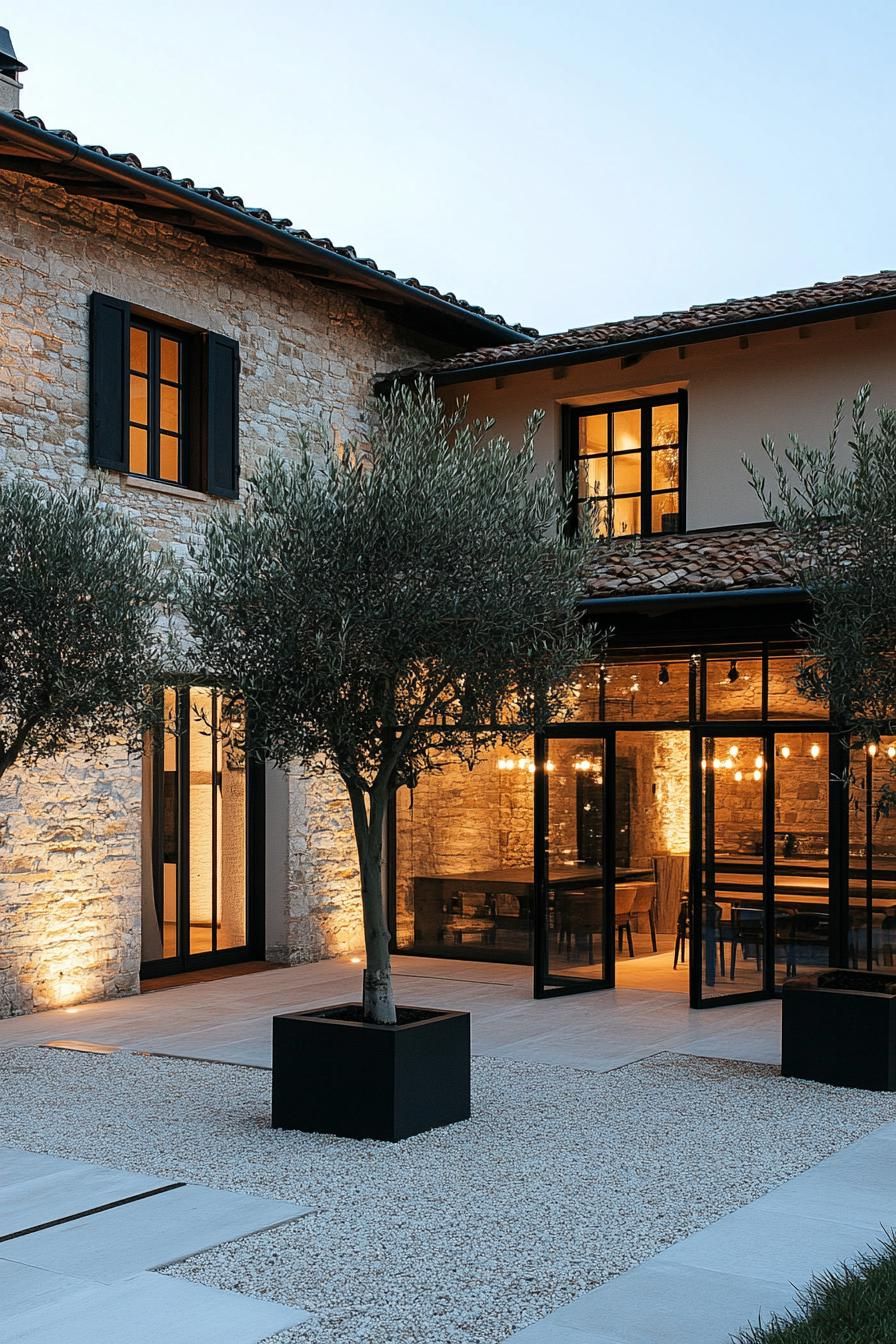 modern Tuscan home courtyard with olive trees