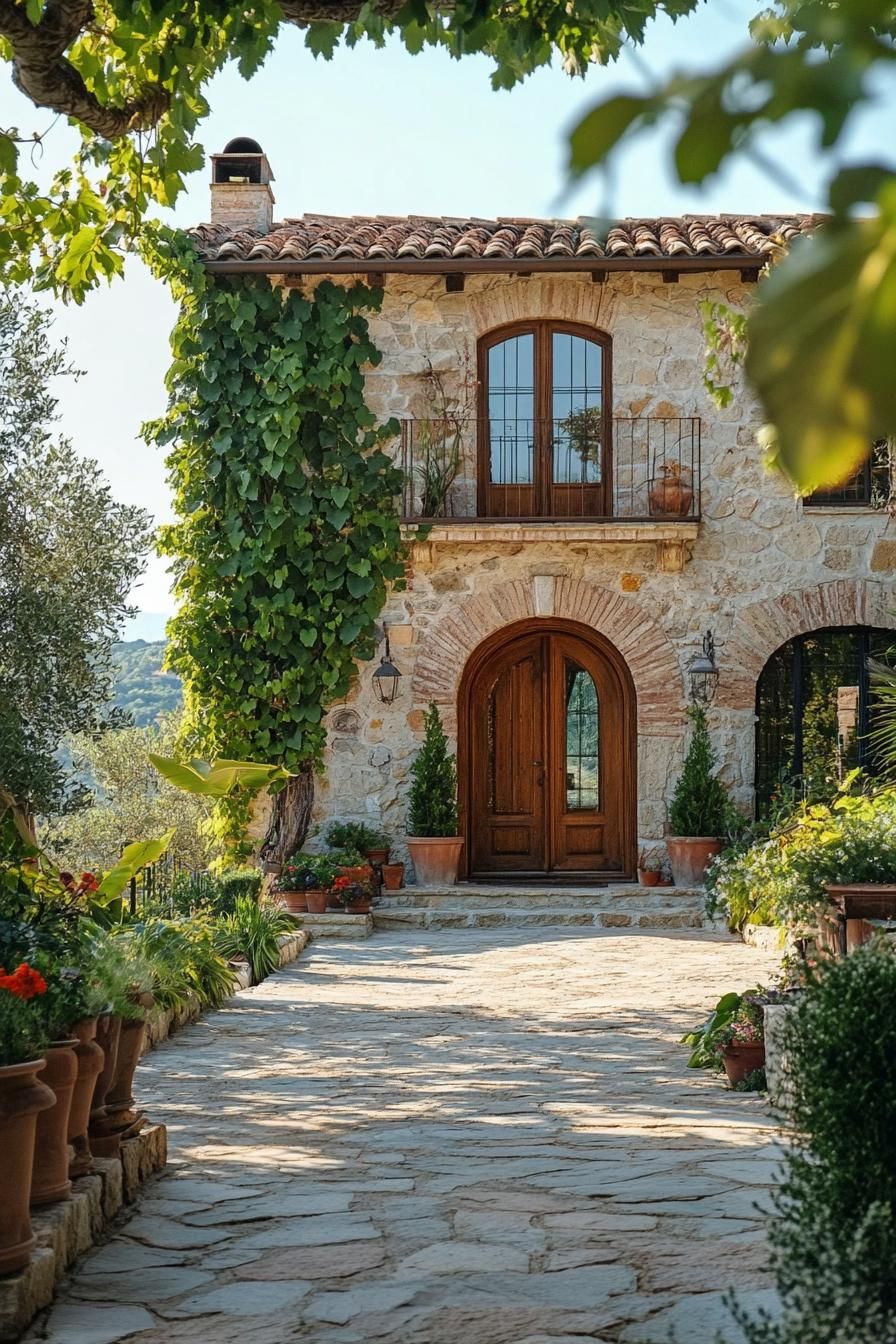 modern Tuscan mediterranean house stone facade with wooden arched doorway lush Tuscany garden