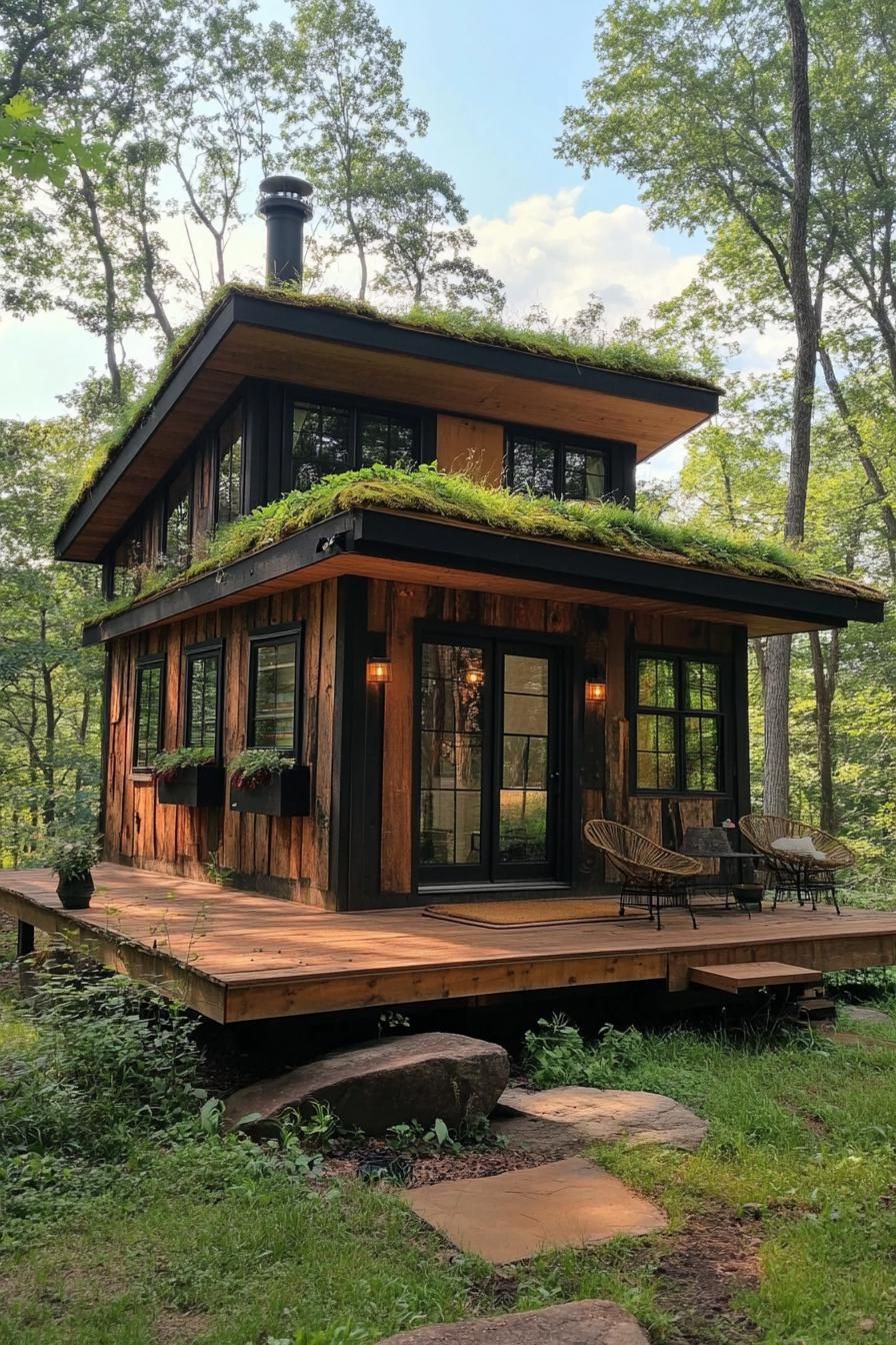 tiny modern bohemian style house with green living roof in a forest enclave 2
