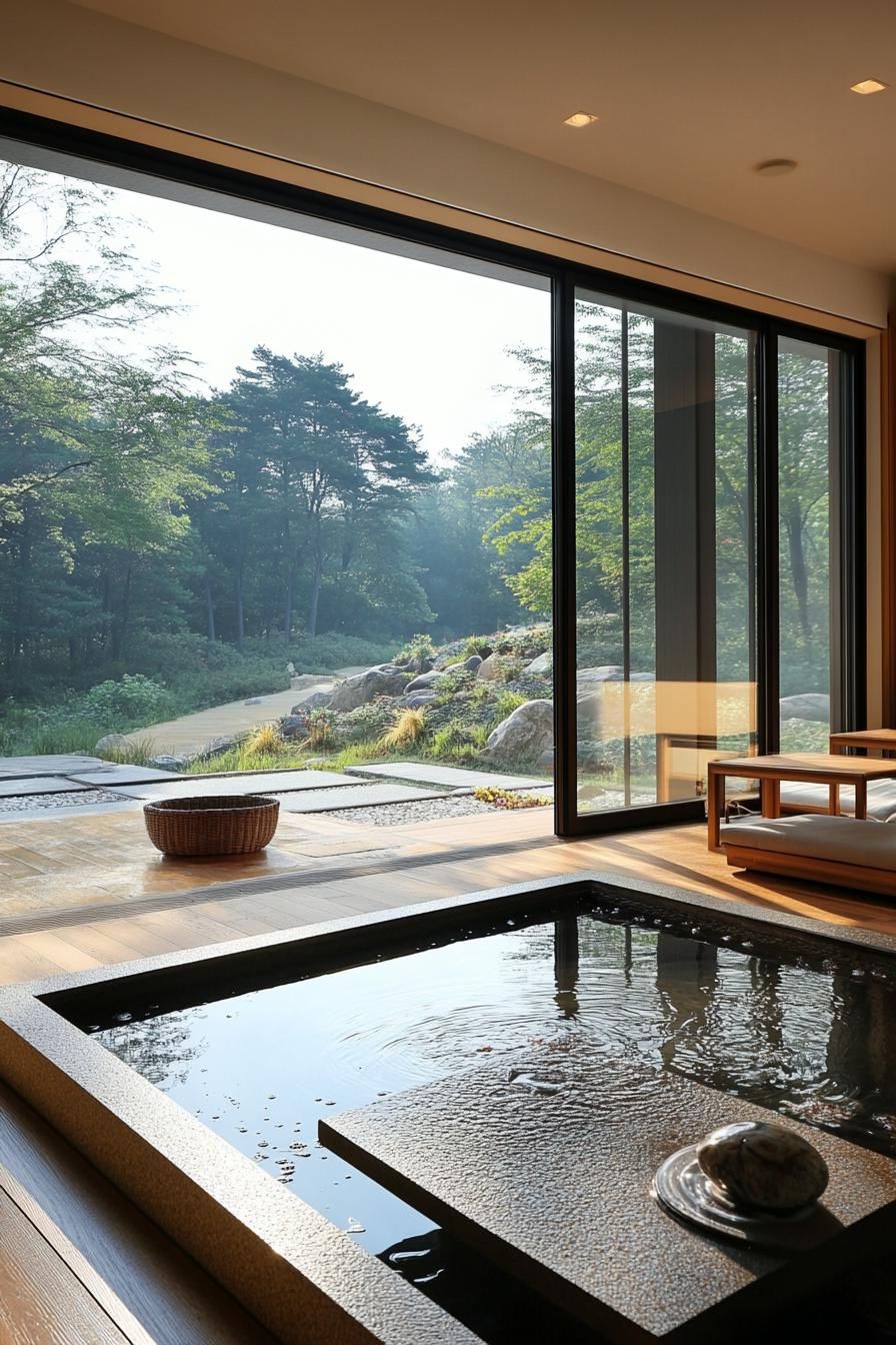modern home zen style interior living room with water feature