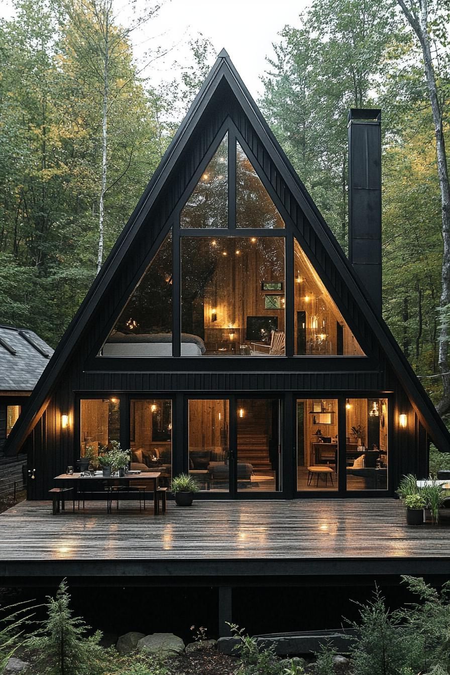 modern black a frame house with black board and batten siding black metal roof with chimney a gambrel with window on the roof side large glass 3