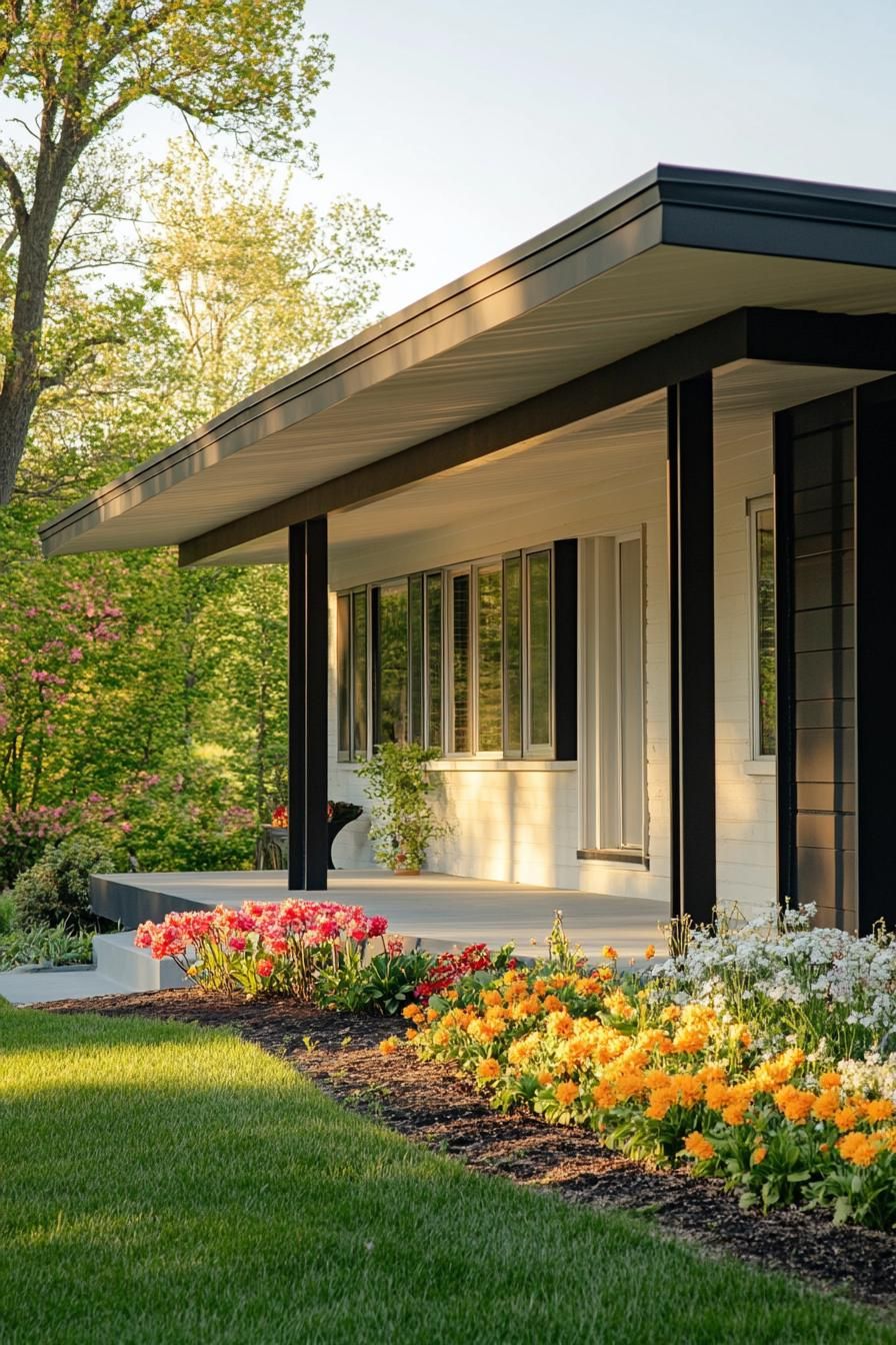 mid century modern 1950s style house facade with minimalist front porch landscape with flowers 2