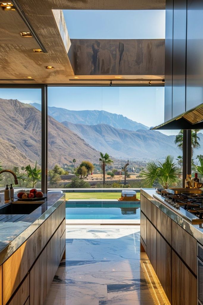 kitchen windows overlooking pool and mountains