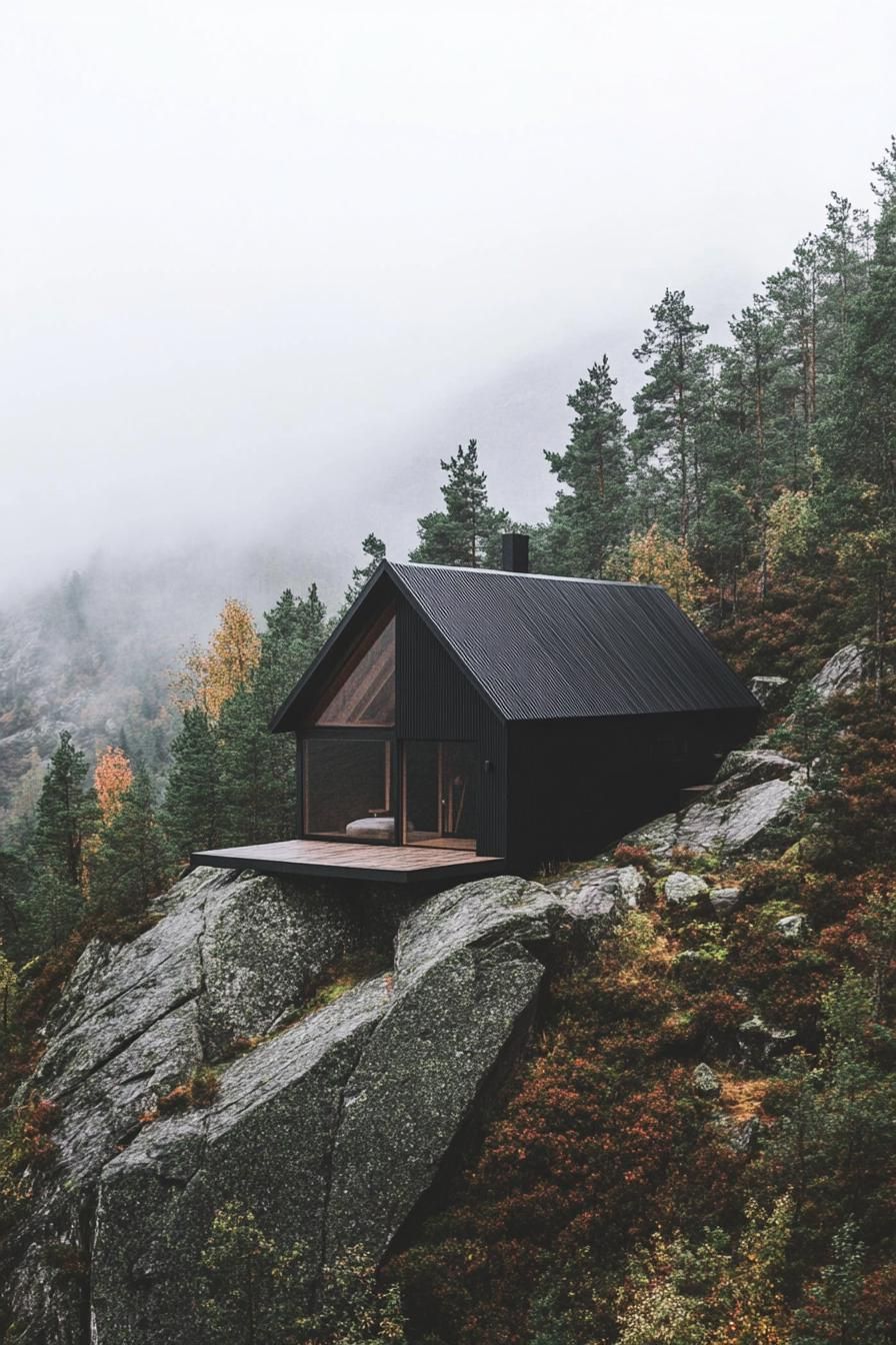 modern mountain cabin with matte black steel facade in stunning misty Scandinavian mountains 3