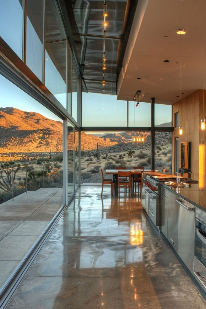 kitchen with patio with desert mountain views