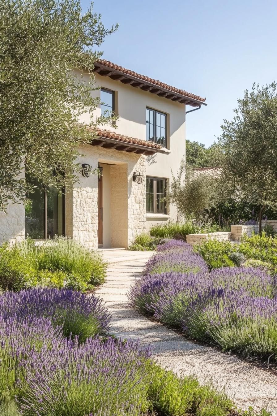 modern mediterranean revival architecture home front garden with olive trees and lavenders 2