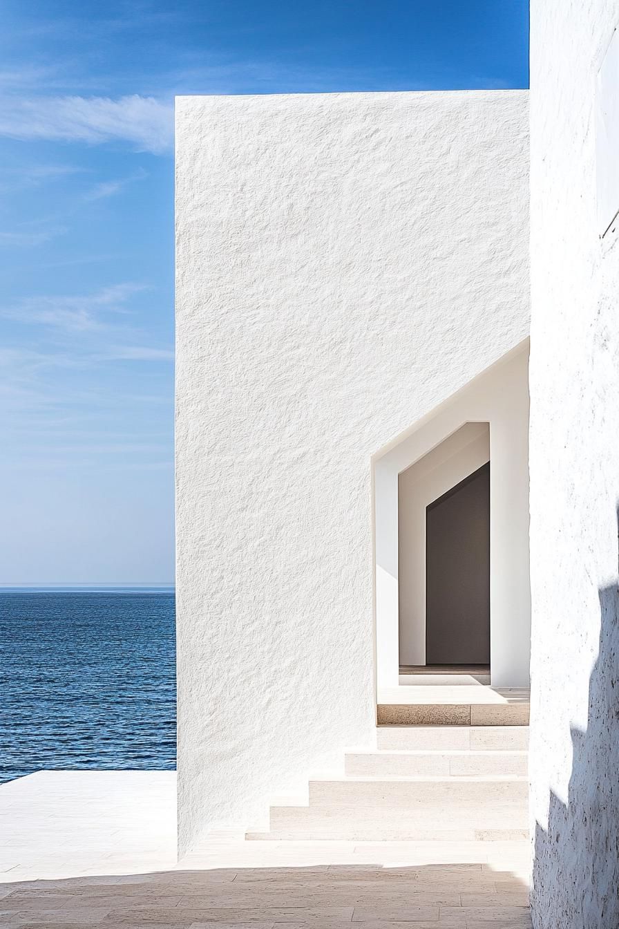 modern whitewashed minimalist geometric house facade mediterranean sea views 3