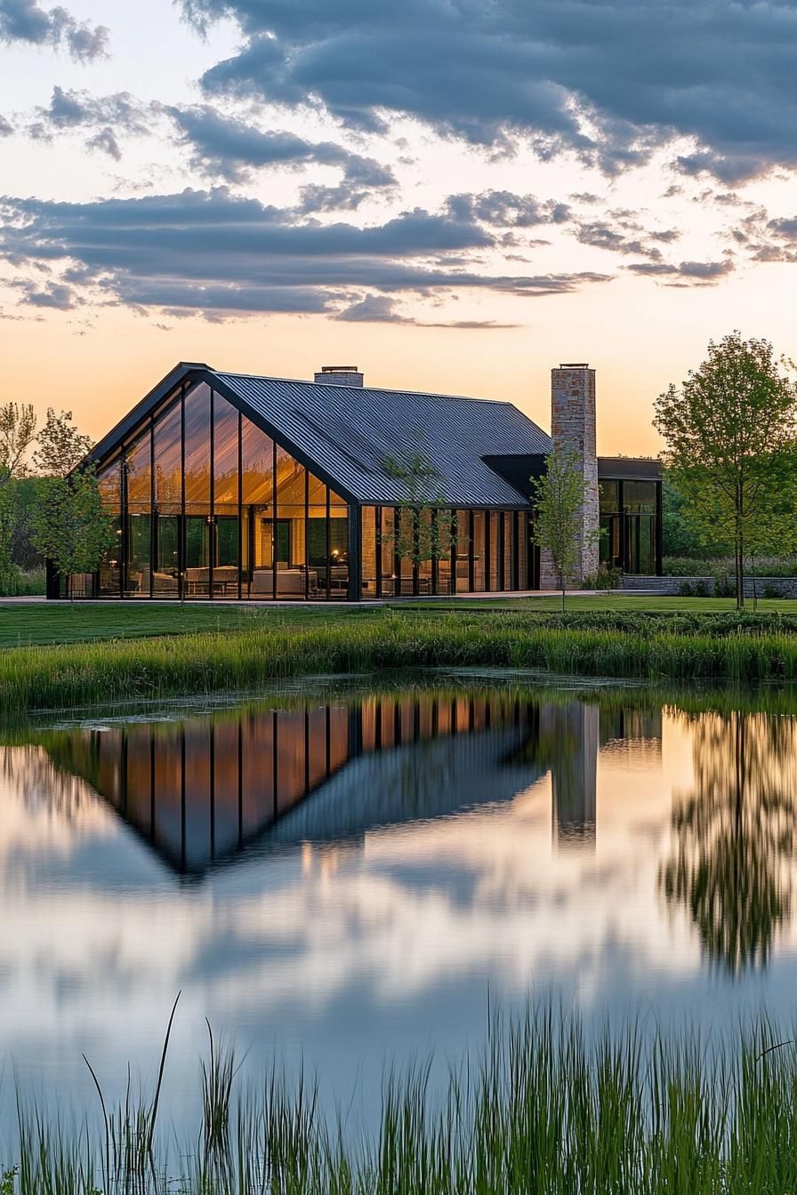 modern L shaped farmhouse with glass walls facing a beautiful large pond in lush fields 2