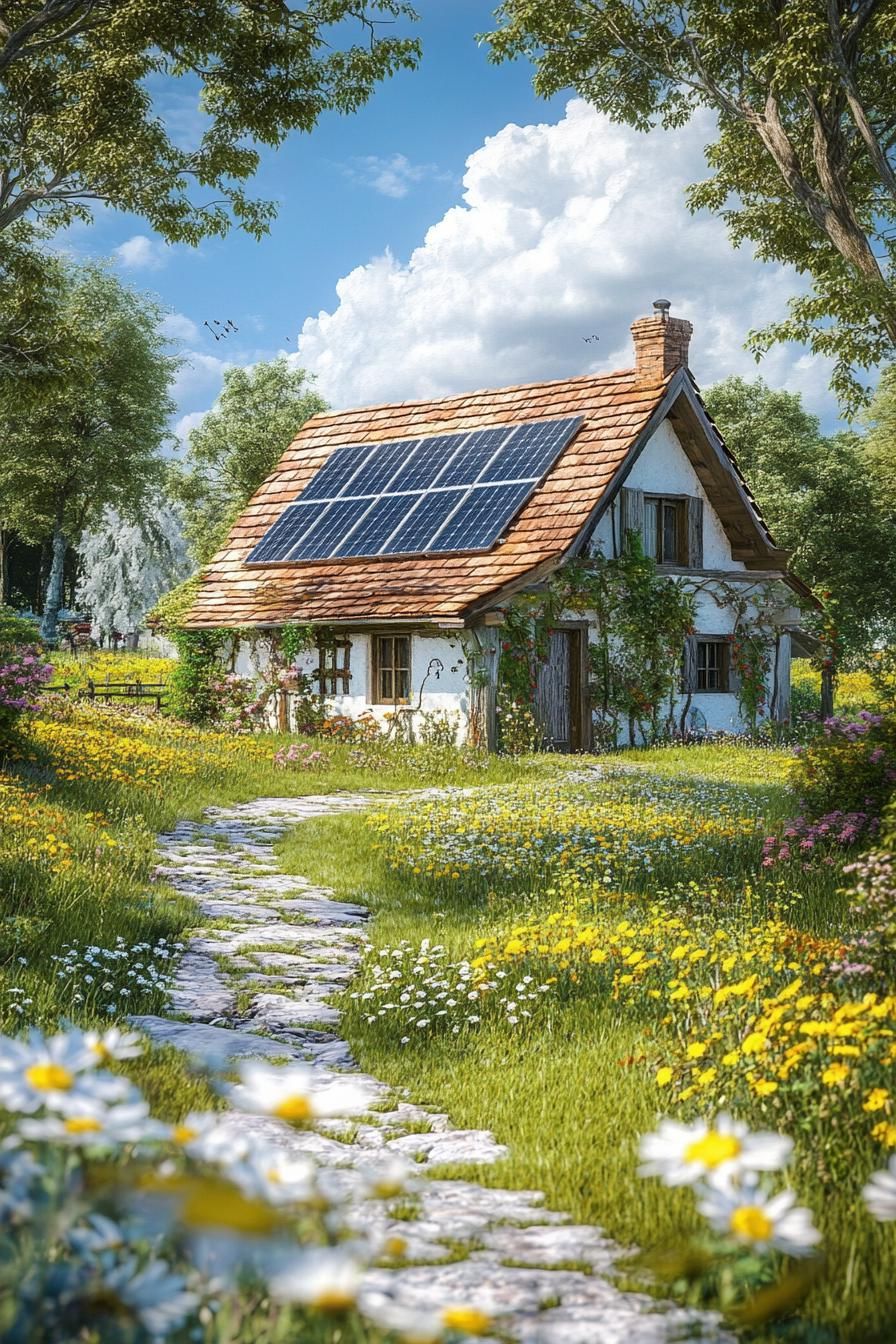 English cottage with gabled roof and solar panels sunny summer fields