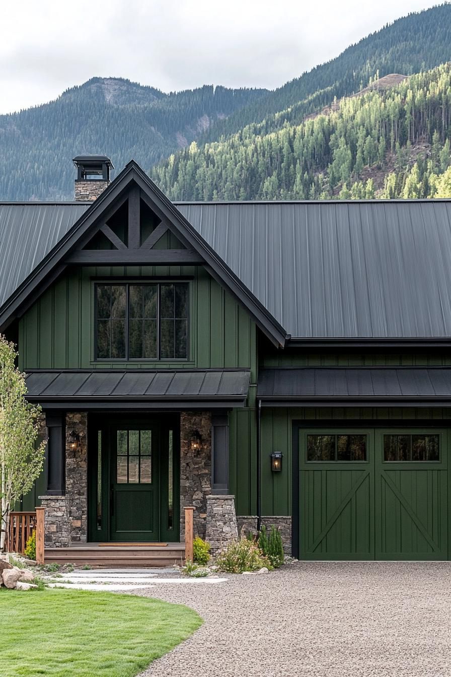 tall barn style mountain house with dark moss green siding black metal roof with tall pitch high barn door in dark green color gravel front yard 3