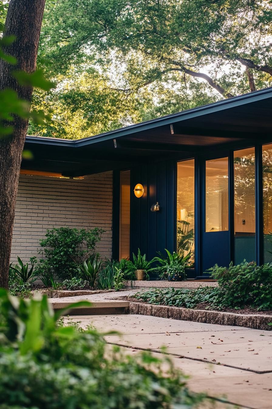 mid century modern house facade forest green and teal colors with brass accents 2