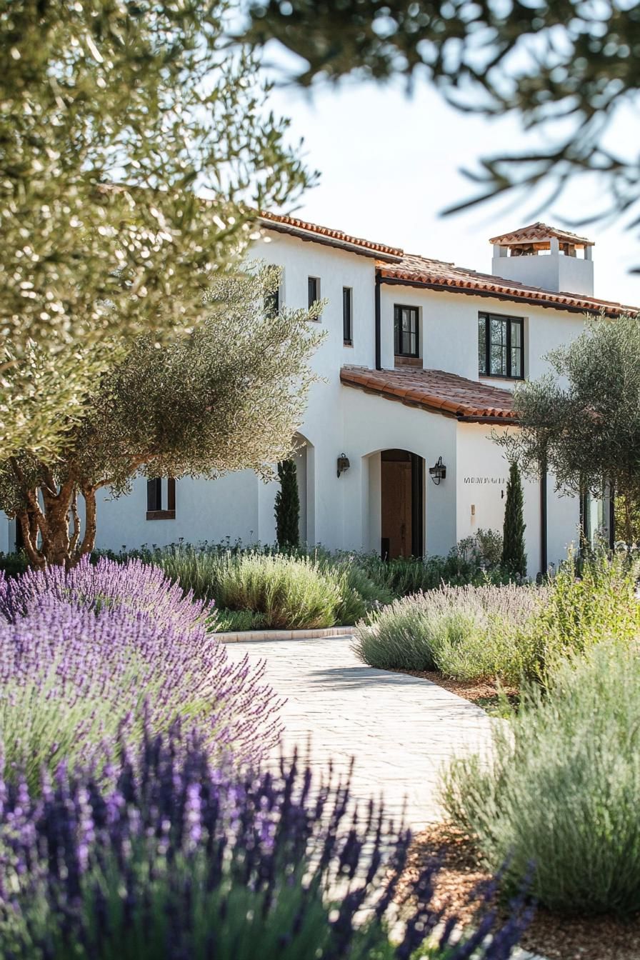 small modern mediterranean house front yard with olive trees and lavenders