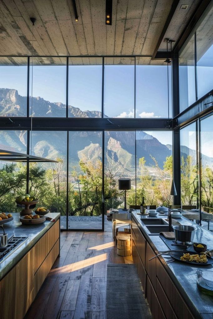 Glass Walls Opening to a Mountain Range