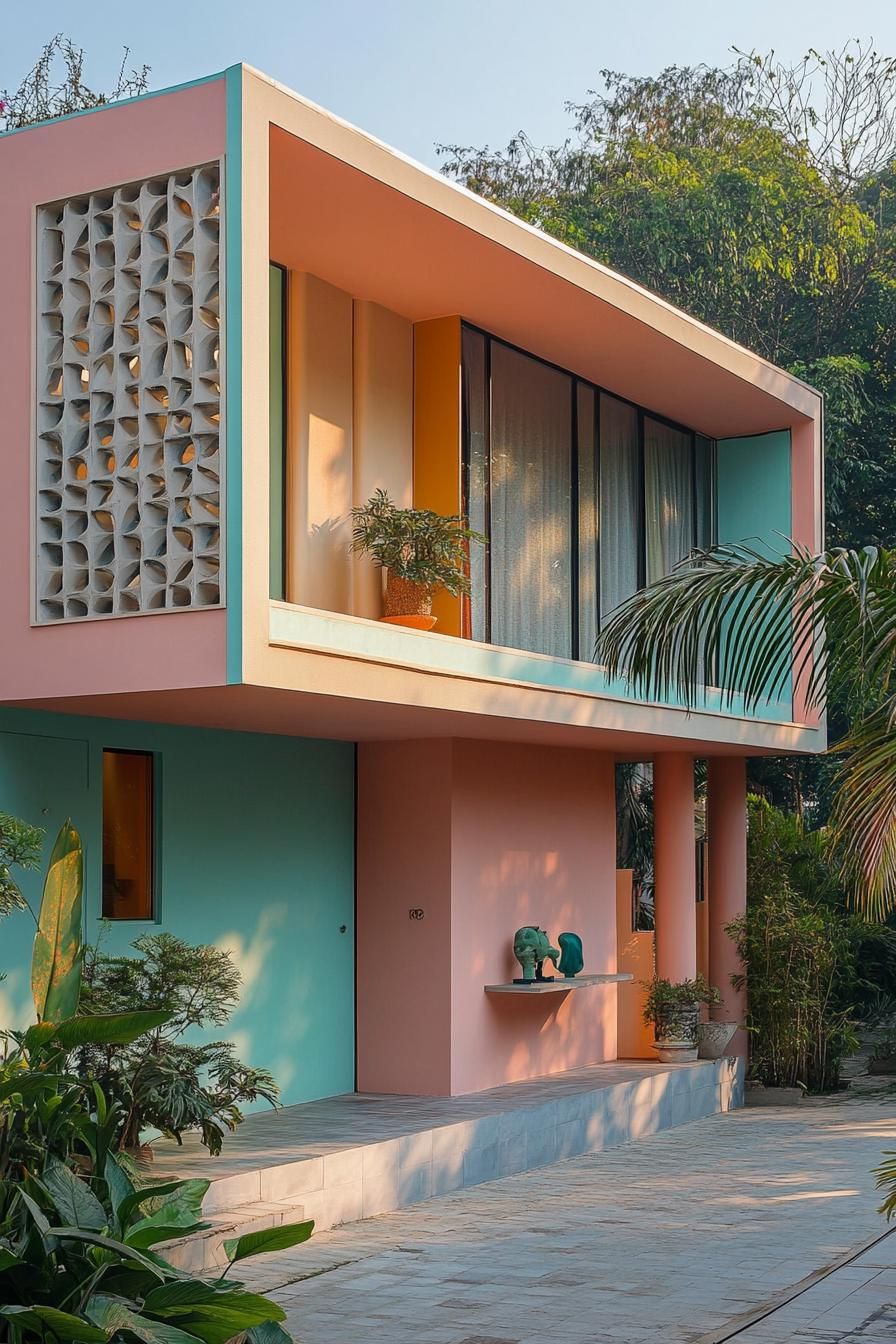 mid century modern 1950s style house geometric facade with pastel colors