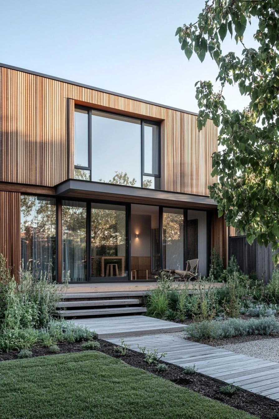 modern French country house facade with timber clads yard with minimalist landscaping 2