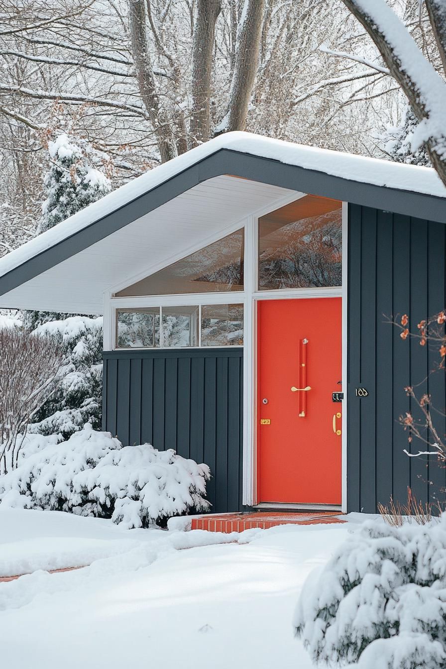 mid century modern 1950s style house entryway facade in popping accent color in winter 3