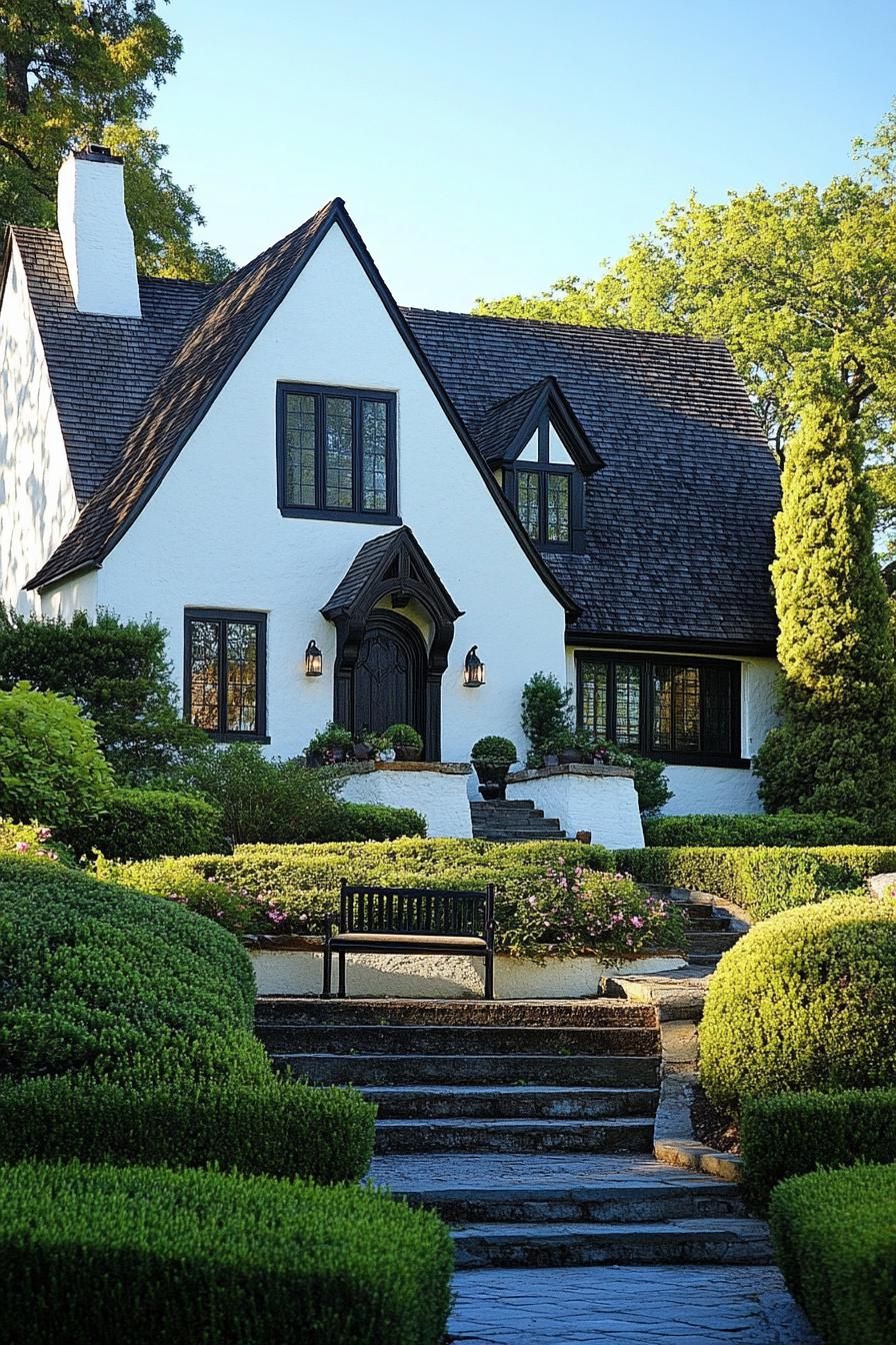 English cottage house white stucco facade dark roof dark wooden gambrel detailing on a small hill with steps leading to the front yard with shrubs and a garden bench