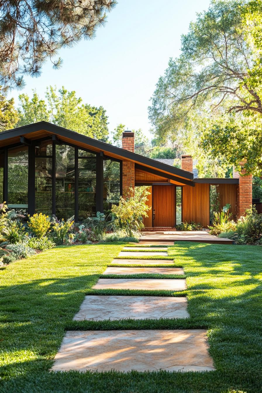 70s midcentury house facade with sharp angular rooflines front yard geometric pathways 2
