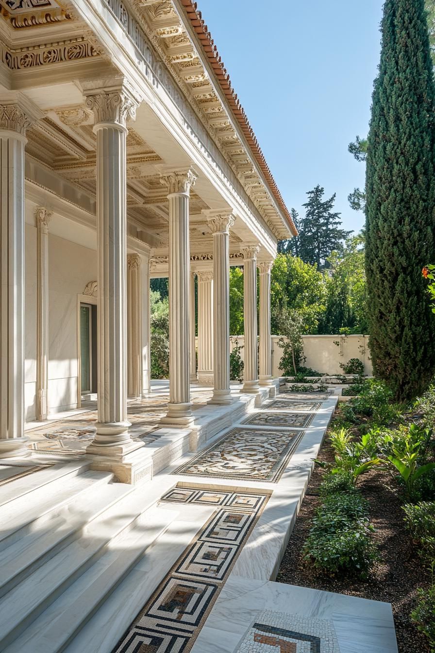 modern Greek marble mansion courtyard with columns mosaics and lush garden
