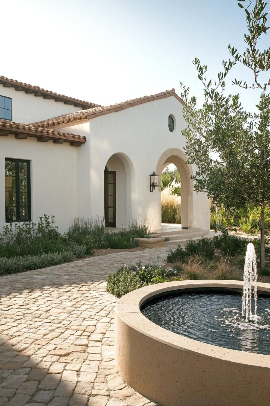 small modern mediterranean house with arched doorways courtyard with fountain 3