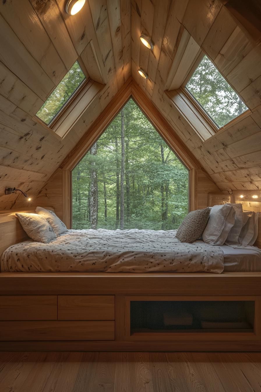 tiny a frame cabin interior with natural hardwood ceiling and floor built in platform bed with built in storage and cozy bedding full wall window 2