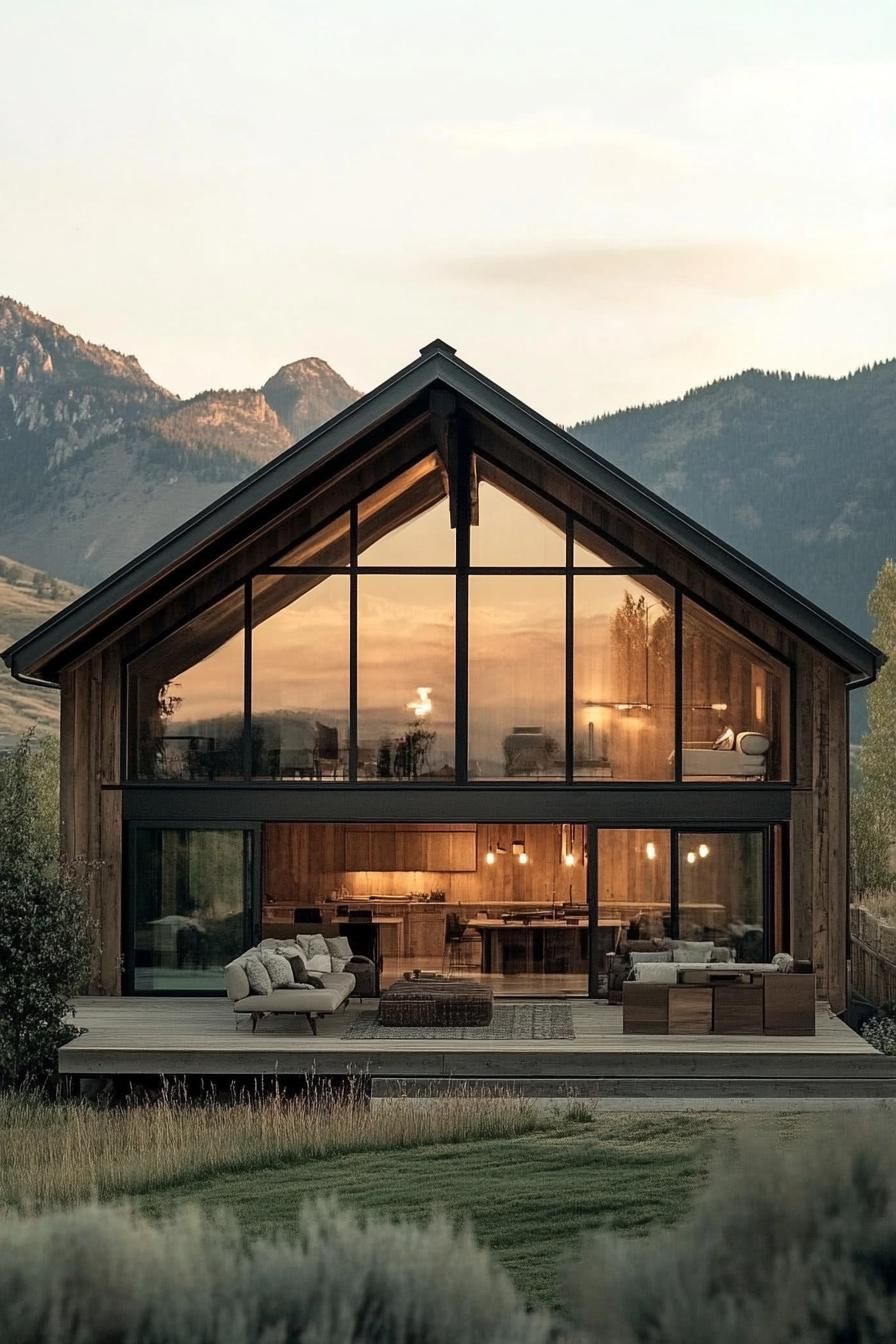 modern barn style house with lofted living space large windows overlooking stunning mountains