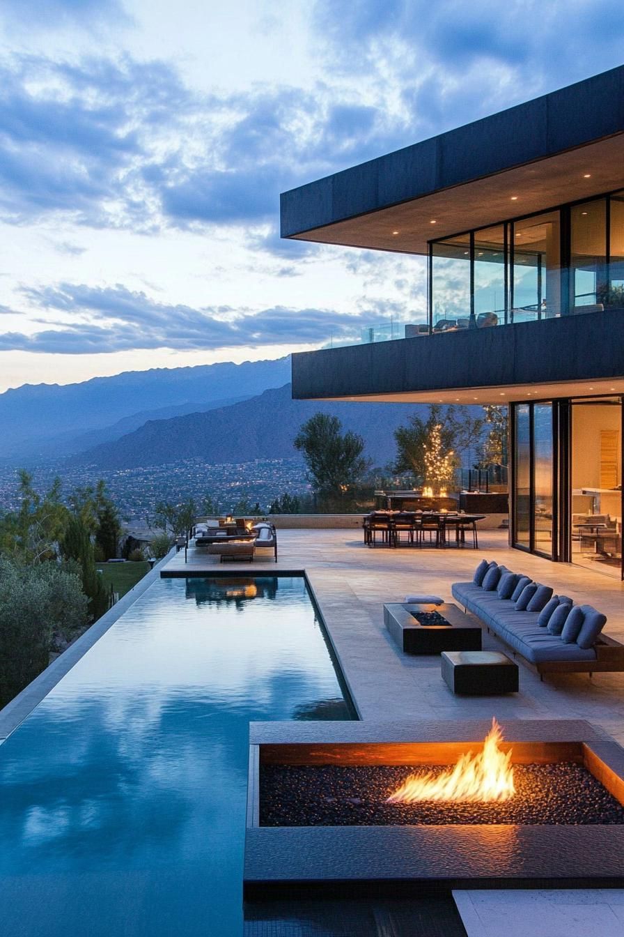 modern house backyard poolside firepit lounge with stunning mountain views