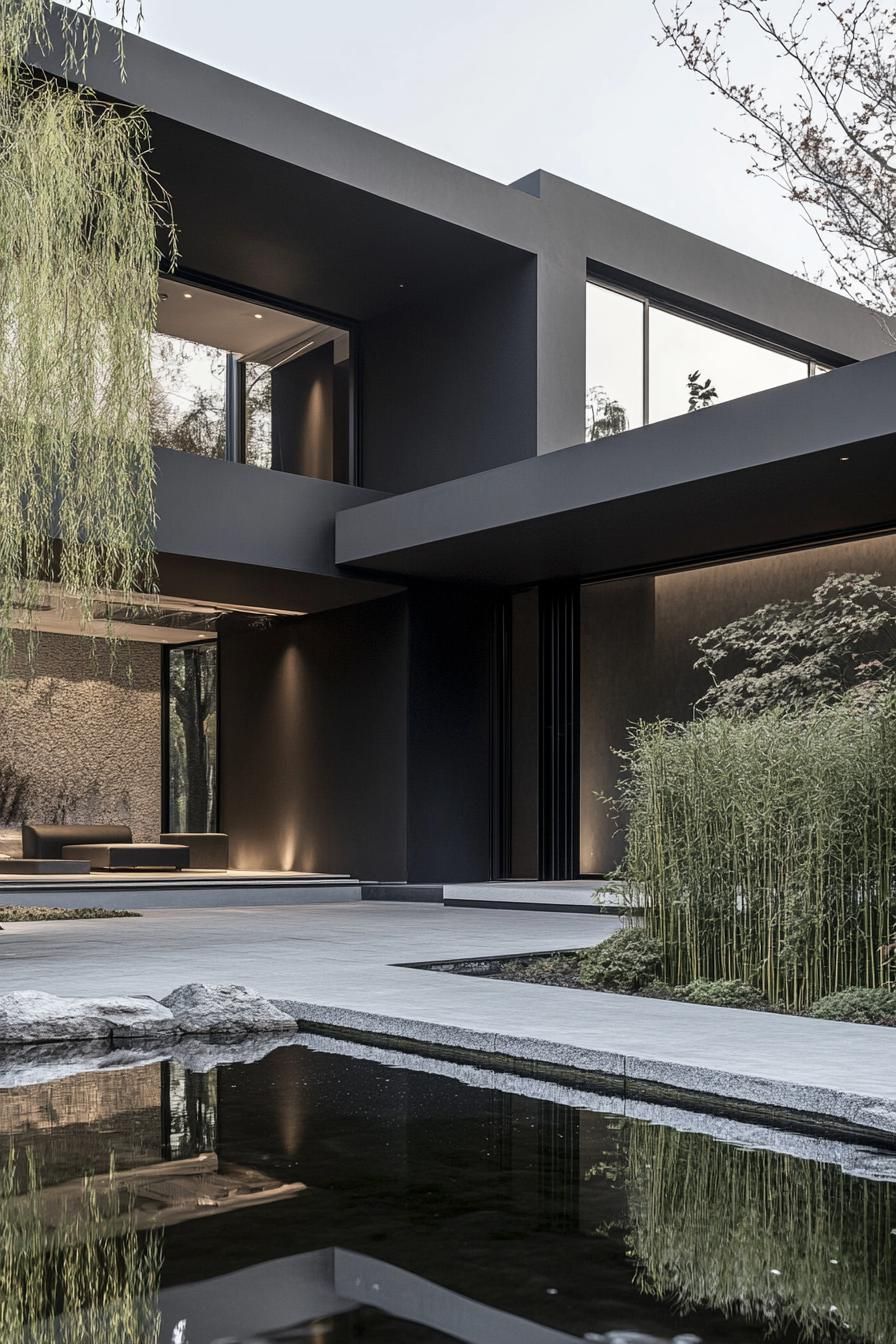 modern minimalist matte black low profile house facade with expansive roof overhangs front yart with zen pond and bamboo plants 2