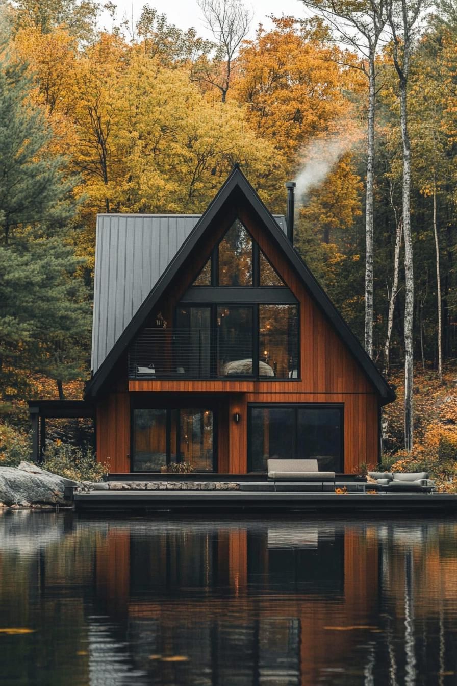 modern a frame cabin with dark stained cedar siding large black frame modern windows and sliding doors grey metal roof in front of the house is a 2