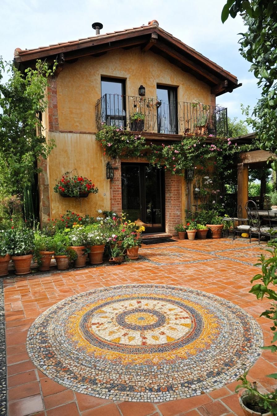 modern Tuscan house patio herb garden with mosaic floor 2