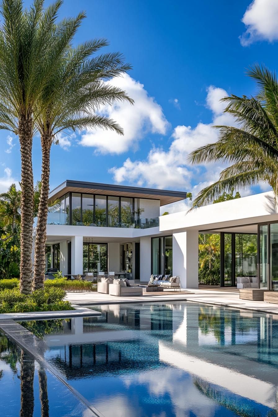 modern house with large pool wrapping around the house tall palms in the backyard 3