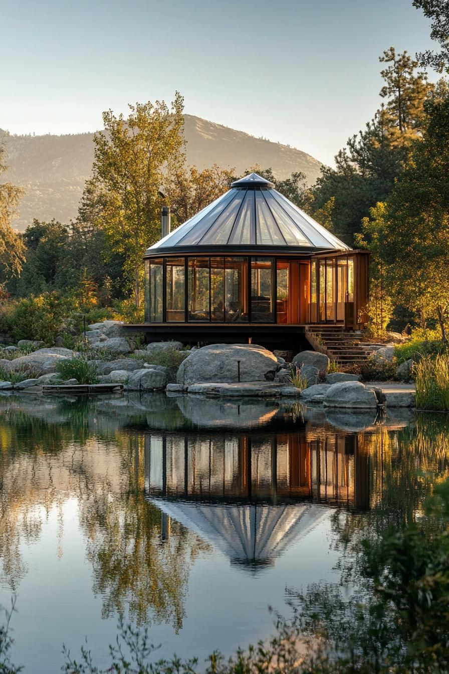 modern glass yurt by the lake